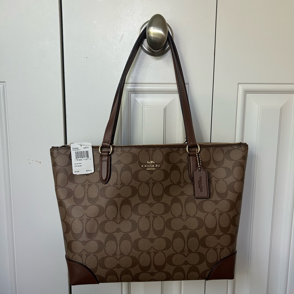 Coach Signature Zip Tote Purse Khaki/Saddle
